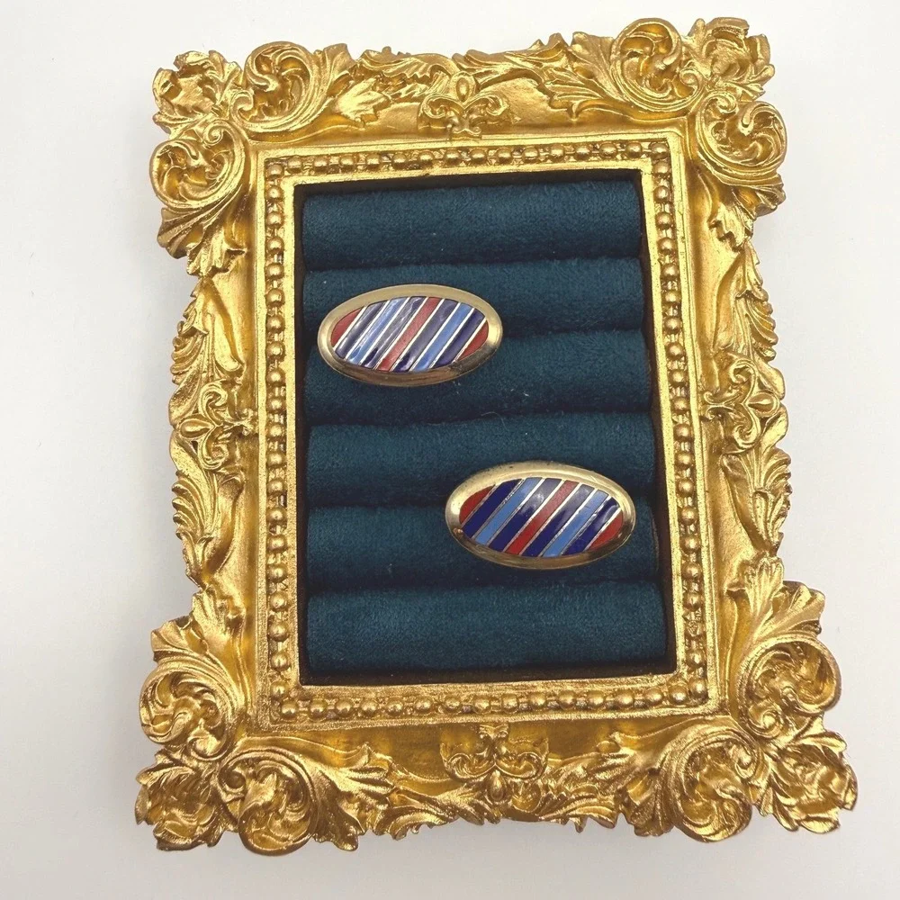 Swank Cufflinks OS Vintage Gold Tone Enamel Striped Oval Preppy Dapper Classic